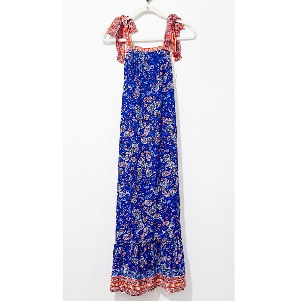 Lost + Wander Blue Paisley Maxi Dress with Red Accent Ties